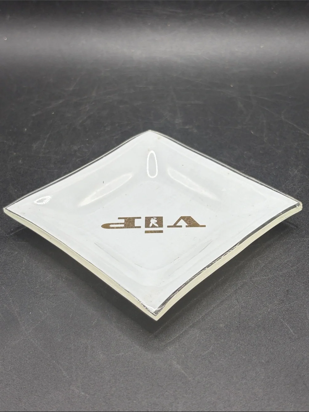 Vintage Playboy Bunny Club VIP Tip Tray Trinket Dish White Gold Glass Home Decor